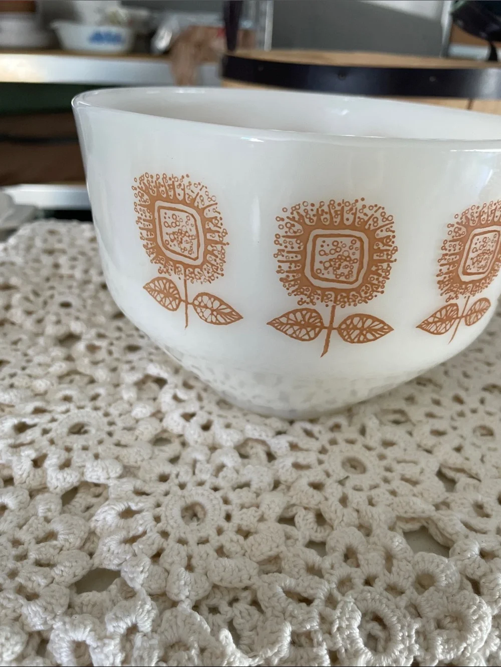 Vintage Federal Glass White Ceramic Bowl with Orange Floral 1.5 qt
